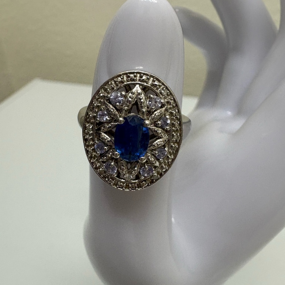 Elegant Kyanite and Diamond Accent Gemstone Silver Ring